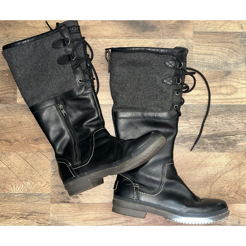 UGG Elsa Women's Sz 9 Black Waterproof Wool Blend-Leather Comfort Tall Boots EUC
